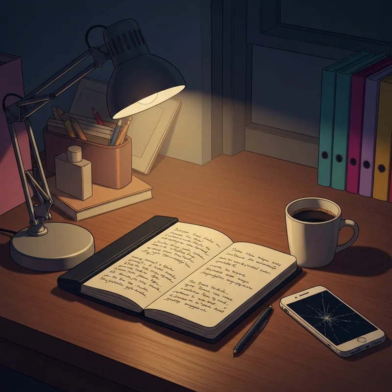 A minimalist disappointments diary on a desk at night representing emotional resilience for young adults.