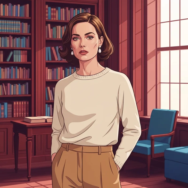 An old money style woman standing in a classic library wearing cream cashmere and pearls.