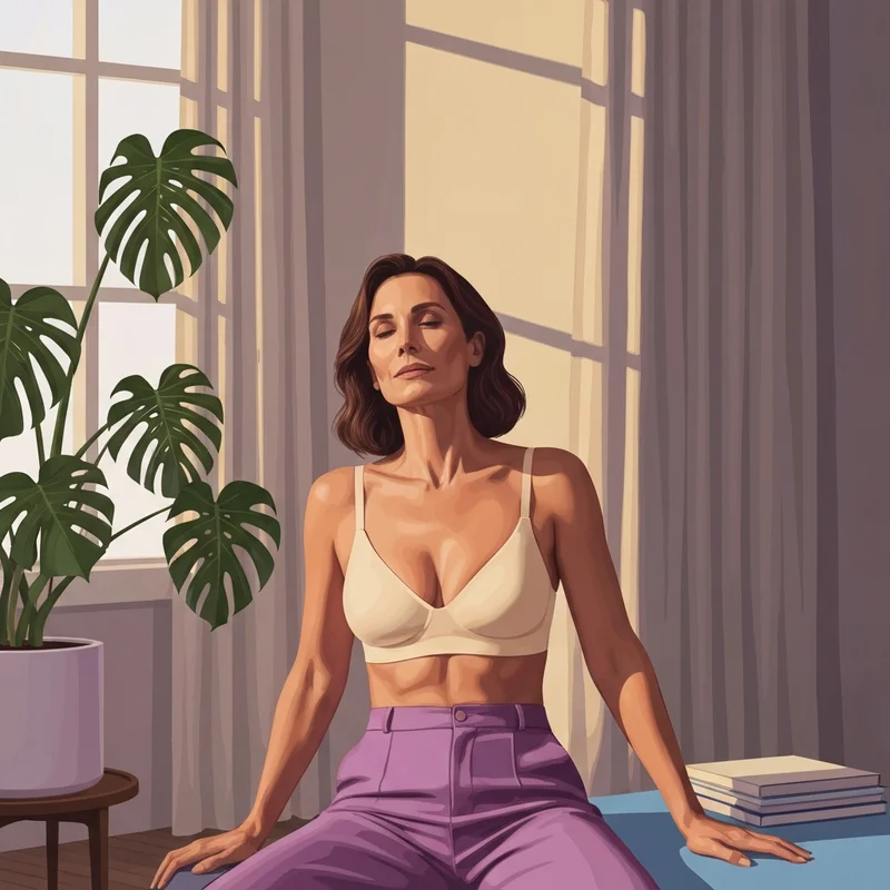 A woman wearing a comfortable bra 100 cotton in a peaceful, sun-lit home environment.