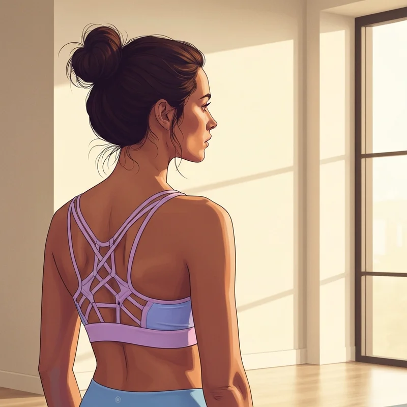 A woman wearing a pink free to be bra showing the intricate strappy back design in a yoga studio.