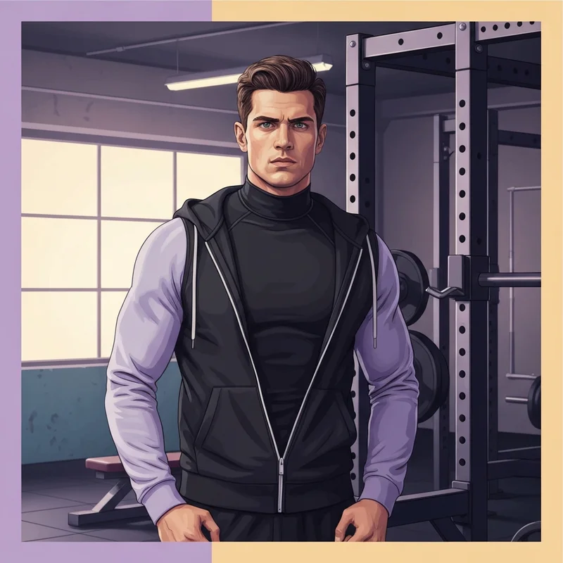 A man wearing a guys sports bra styled as a professional athletic compression vest in a gym setting.