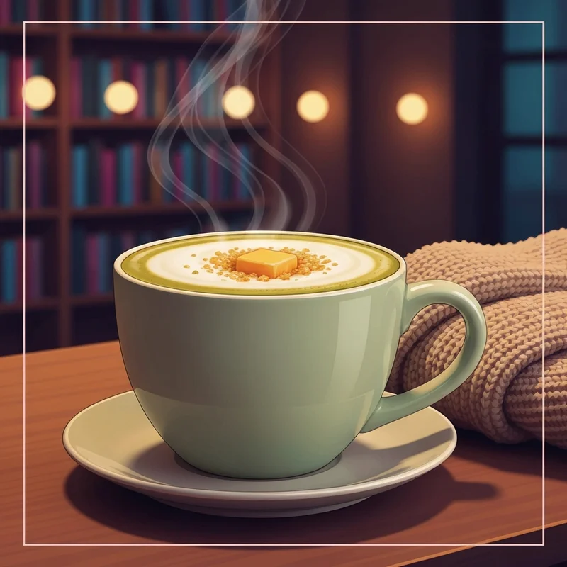 A warm and inviting starbucks pistachio latte on a wooden table in a cozy library setting.