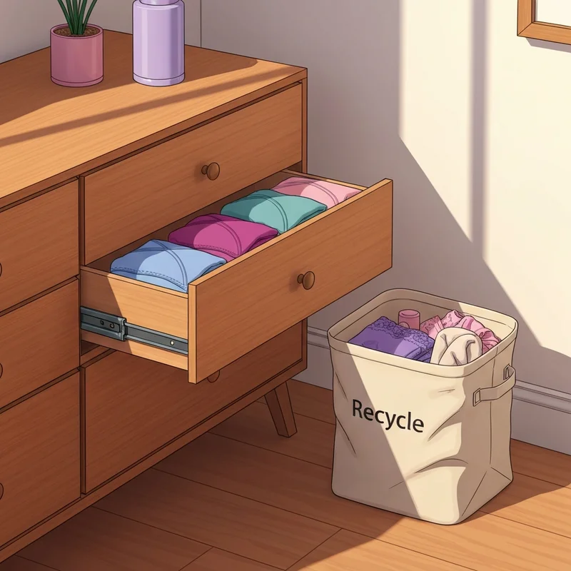 A minimalist drawer organization scene showing the process of bra recycling for a sustainable home.