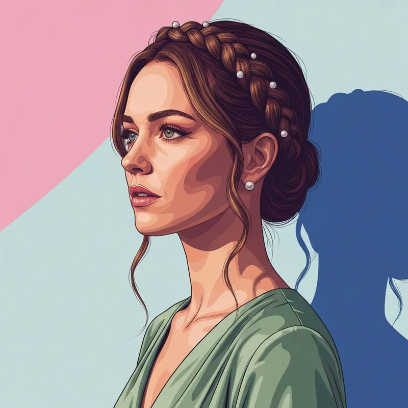 Close-up of an ethereal young woman wearing a complex prom hair with a braid and a silk gown, 8k resolution.