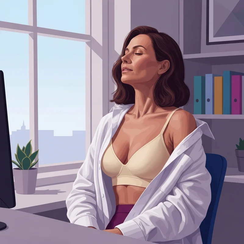 A professional woman working comfortably in a soft cotton wireless bra in a bright home office.
