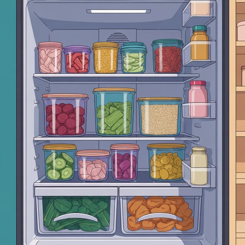 Aesthetic refrigerator organization showing various cheap meal prep ideas in glass containers.