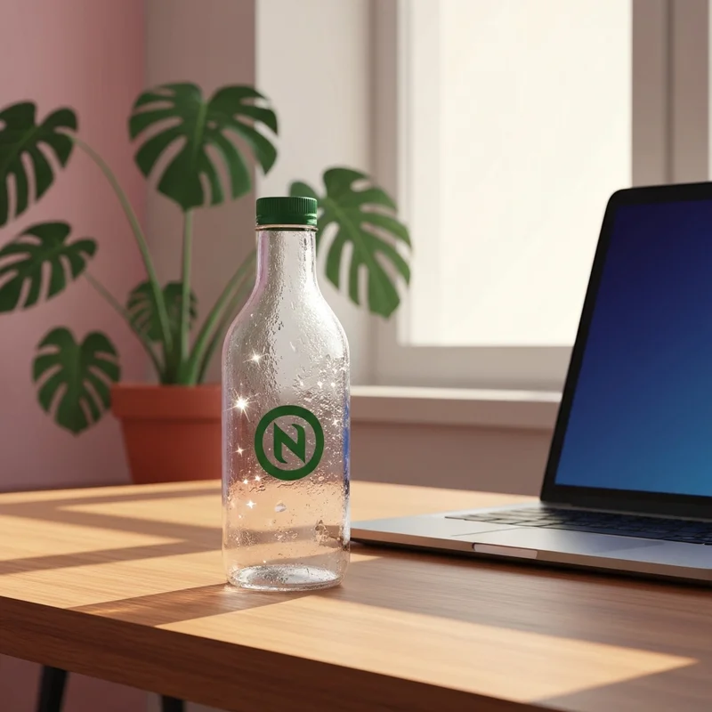 A chilled starbucks coffee bottle with condensation on a modern office desk