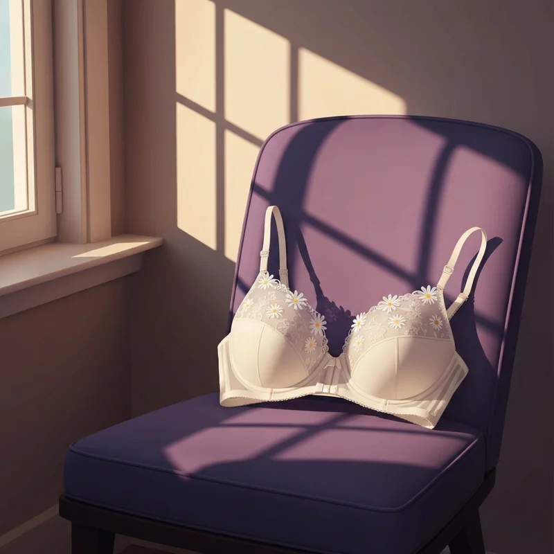 A close-up shot of the luxury daisy embroidery on a marie jo bra placed in an elegant dressing room setting.