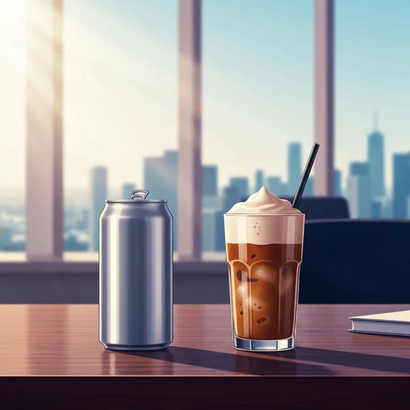 A professional desk setup featuring a starbucks doubleshot espresso can and a fresh iced coffee.
