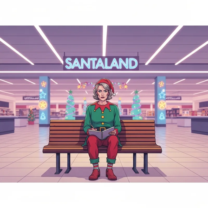 A disillusioned creative in an elf costume reflecting on the Santaland Diaries experience.