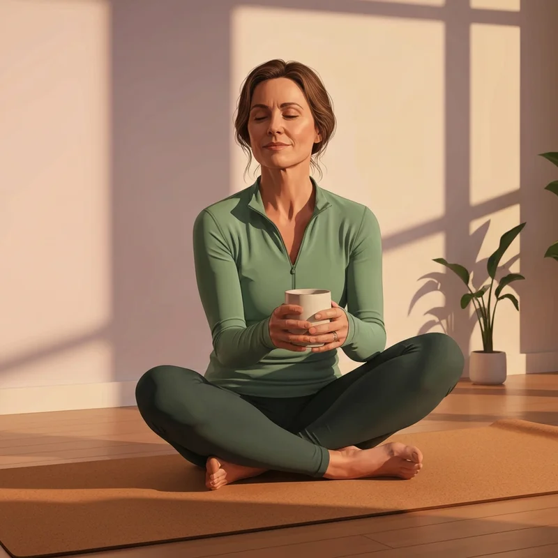 A woman wearing a buttery soft beyond yoga sports bra in a serene studio setting.