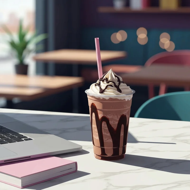 A perfectly prepared java chip frappuccino from starbucks sitting on a desk as a student prepares for class.