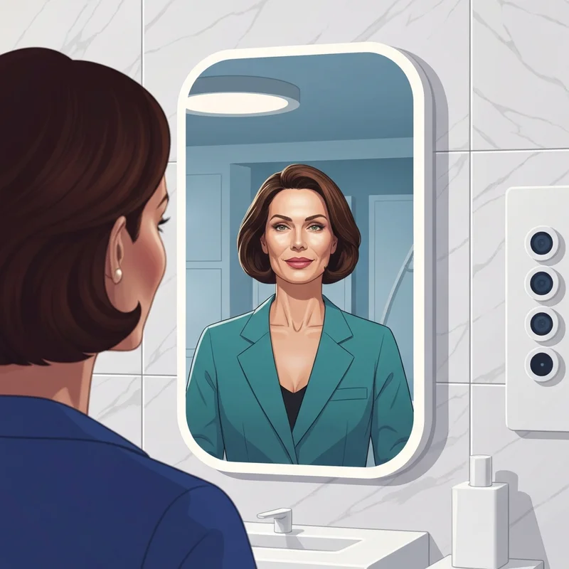 A woman evaluating her skin results in a mirror, considering the benefits of xeomin vs botox for facial rejuvenation.