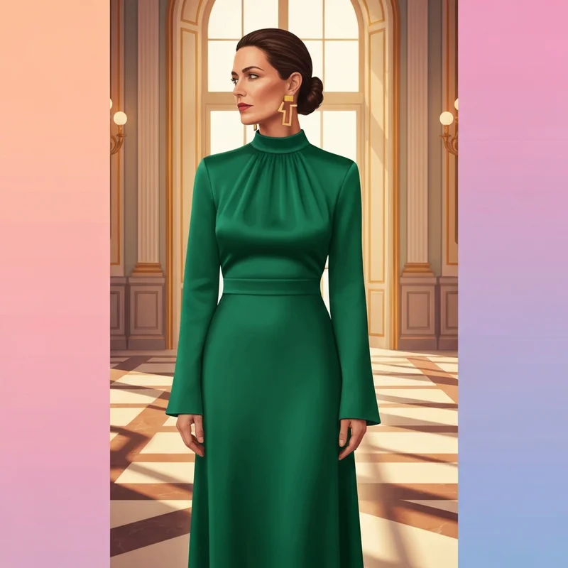 A sophisticated woman wearing a high neck wedding guest dress with sleeves in emerald green silk.