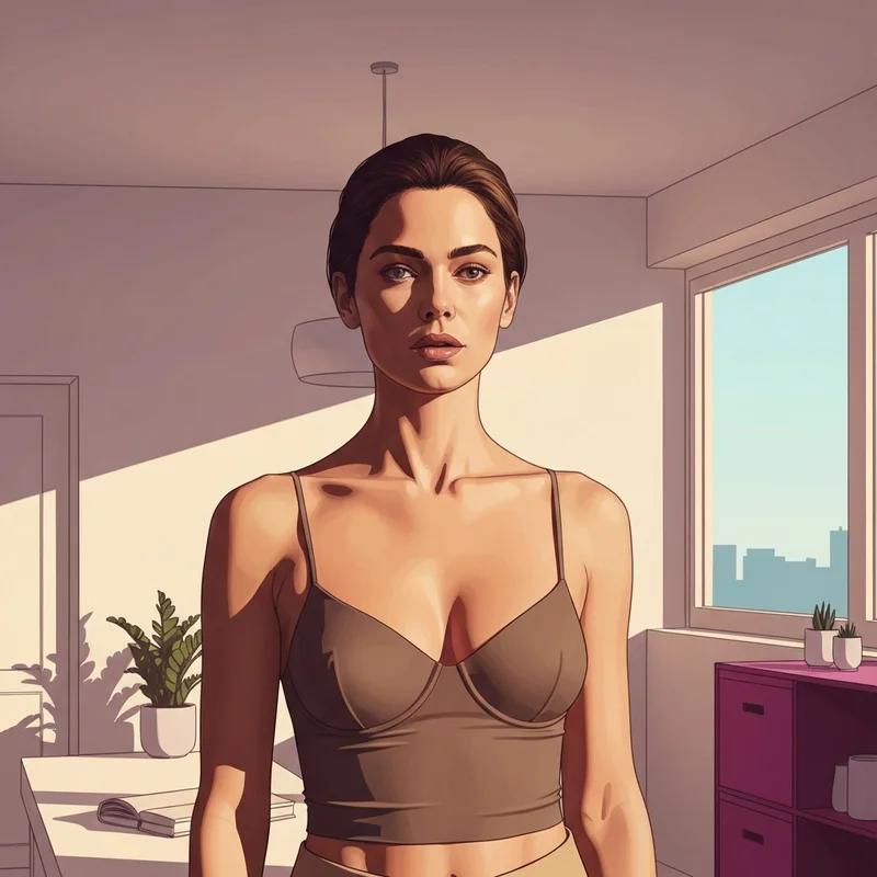 A woman wearing a sleek noodle strap bra with a snatched silhouette in a modern setting.