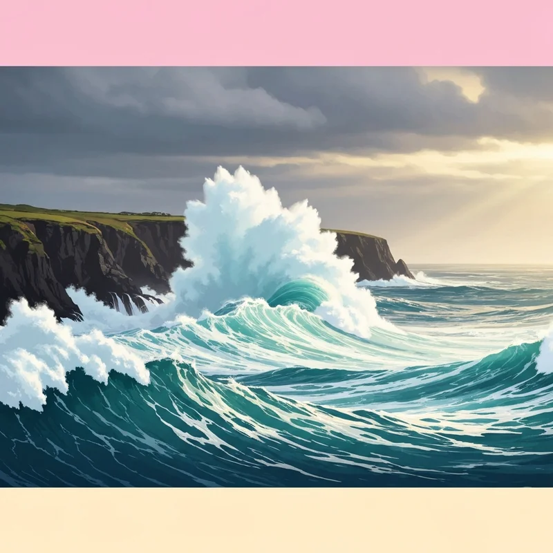 Powerful ocean swells crashing against cliffs highlighting the RNLI safety warning waves.