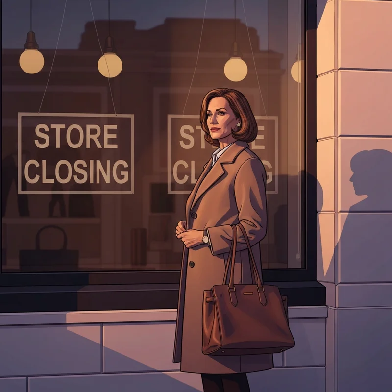 A woman reflecting on her style choices in front of a closing Saks OFF 5TH storefront during a sunset liquidation sale.