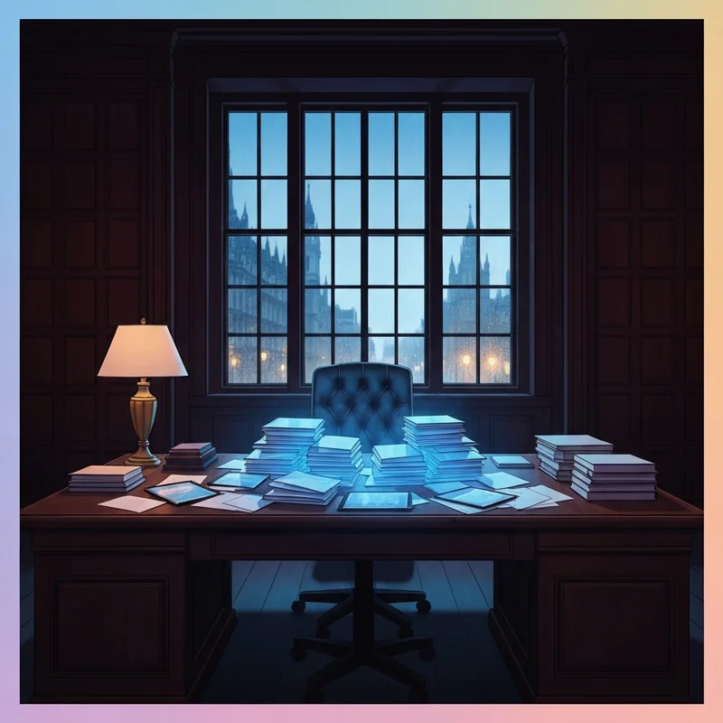 The Peter Mandelson Epstein files represented as a mountain of digital documents in a dark London office.