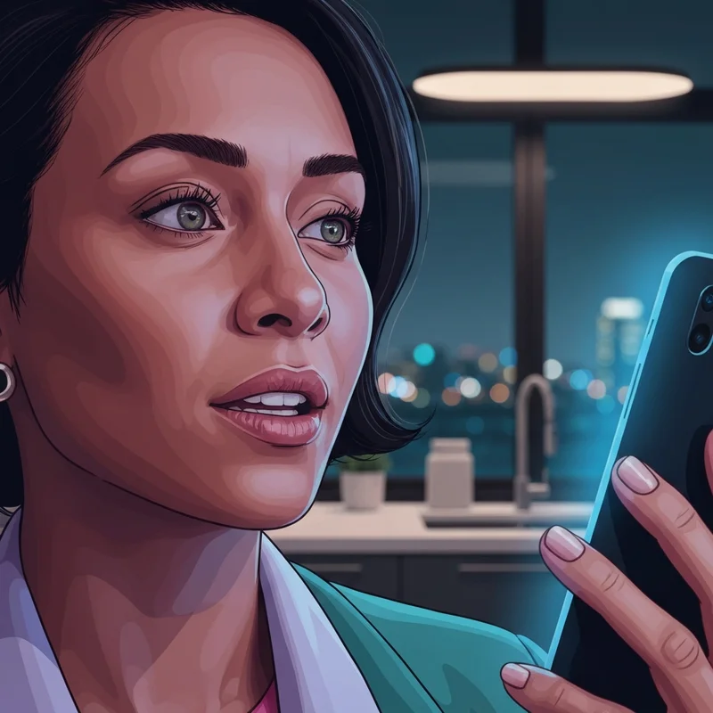 A young woman checking the EuroMillions results on her phone late at night with a hopeful expression.