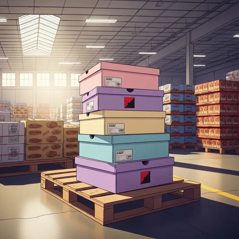 A pallet of Costco Kirkland Nike SB Dunks boxes found in a warehouse aisle.