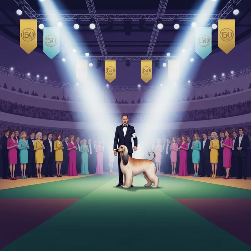 The historic 150th westminster dog show 2026 finale at Madison Square Garden featuring a champion hound and prestigious anniversary decor.