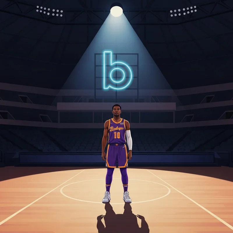 Bronny James standing in a spotlight at the Lakers arena, representing his journey to build a legacy independent of his father.