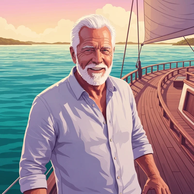 A cinematic representation of a charismatic founder like Richard Branson enjoying a moment of reflection on a tropical retreat.
