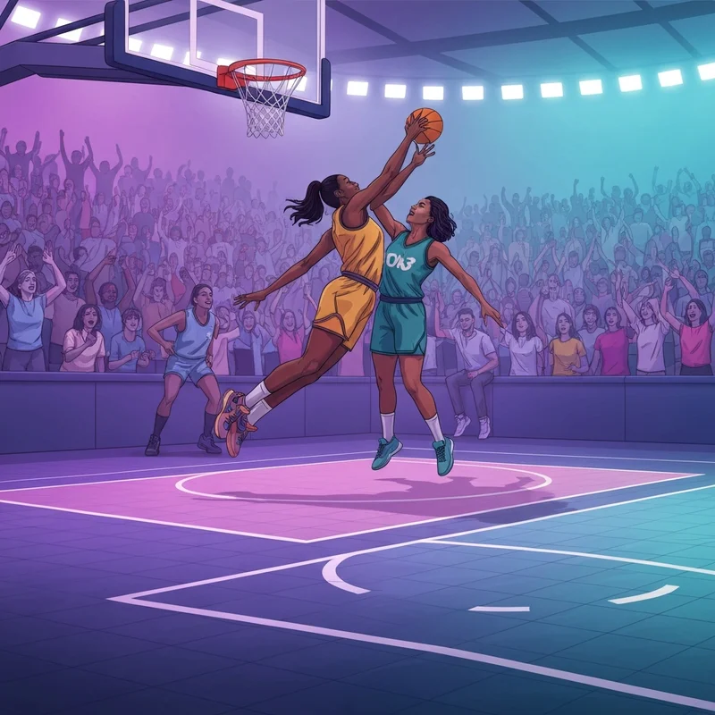 Two elite female athletes competing in a high-intensity unrivaled basketball game under neon lights.