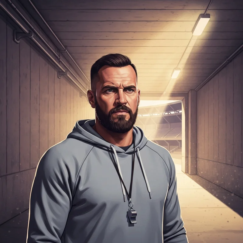 A man embodying the Dan Campbell leadership style standing in a gritty stadium tunnel.