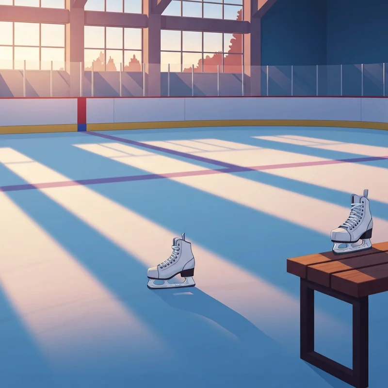 A serene and quiet ice rink representing the healing journey of the lady flyers after their recent tragedy.