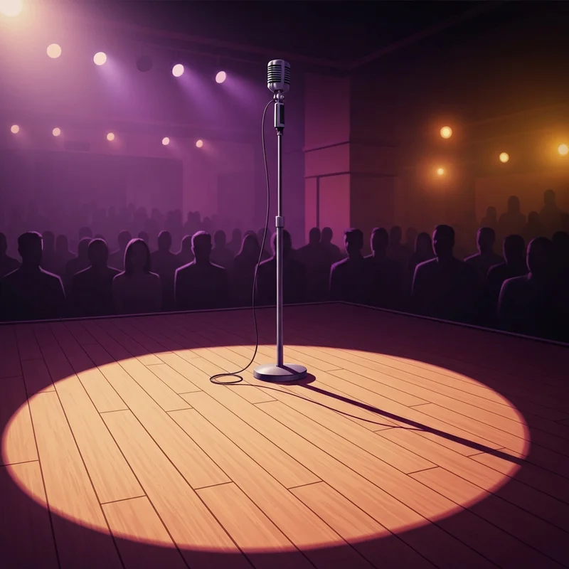 A dramatic comedy club stage spotlighting a microphone, reflecting the tension surrounding the ben bankas controversy.