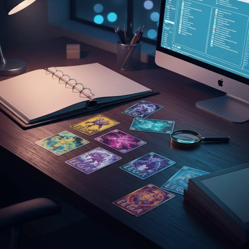 A professional collector's desk featuring cards from the ascended heroes card list and a leather binder.