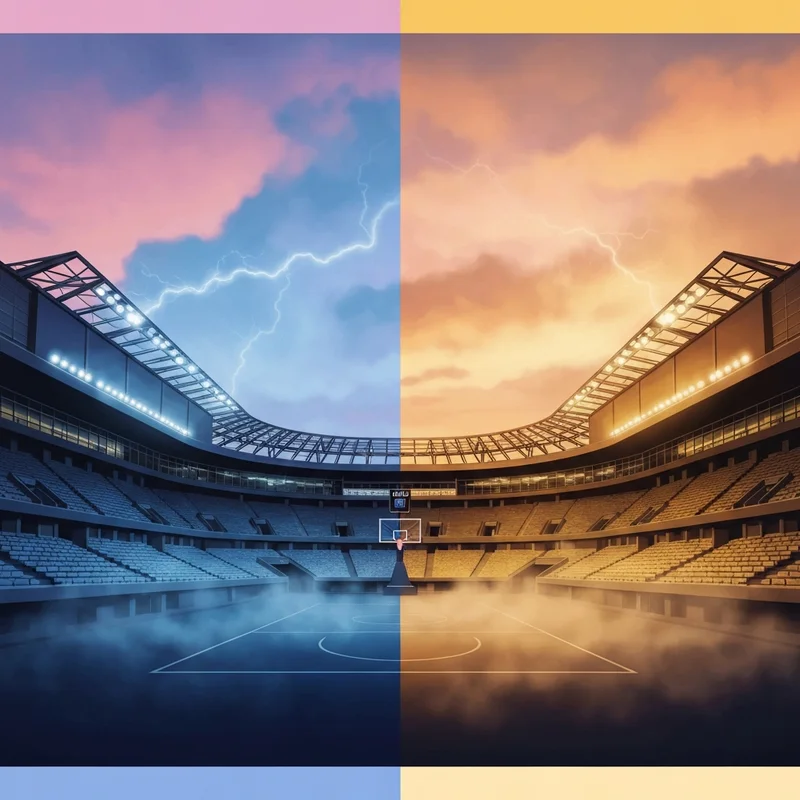 A high-energy visualization of a basketball arena prepared for a clippers vs nuggets showdown.