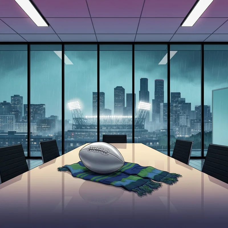 A high-stakes boardroom setting overlooking Seattle, representing the discussions surrounding the Seahawks for sale.