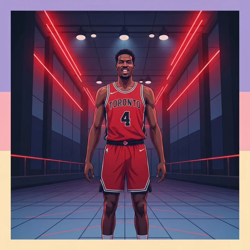 A cinematic shot of Scottie Barnes in a red and black Toronto Raptors jersey, representing the future of the franchise.