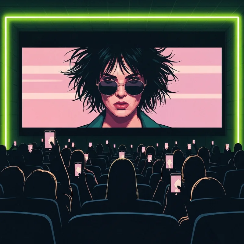 A futuristic theater reflecting the aesthetic of The Moment movie with lime green neon lights and a crowd of Gen Z fans.