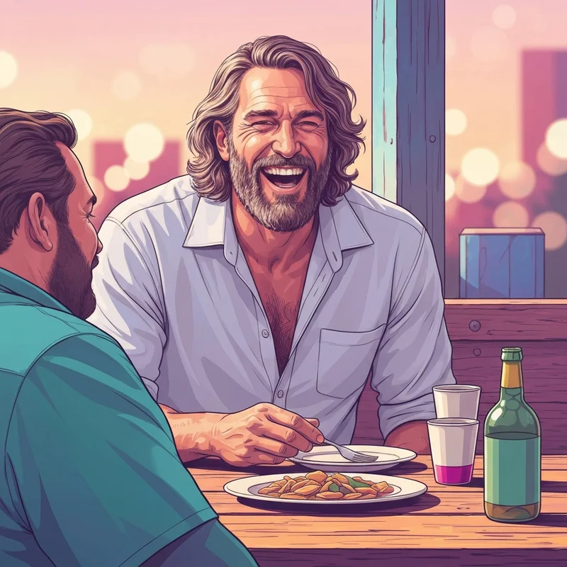 Jason Momoa laughing and sharing a meal, illustrating little brother energy and authentic friendship.