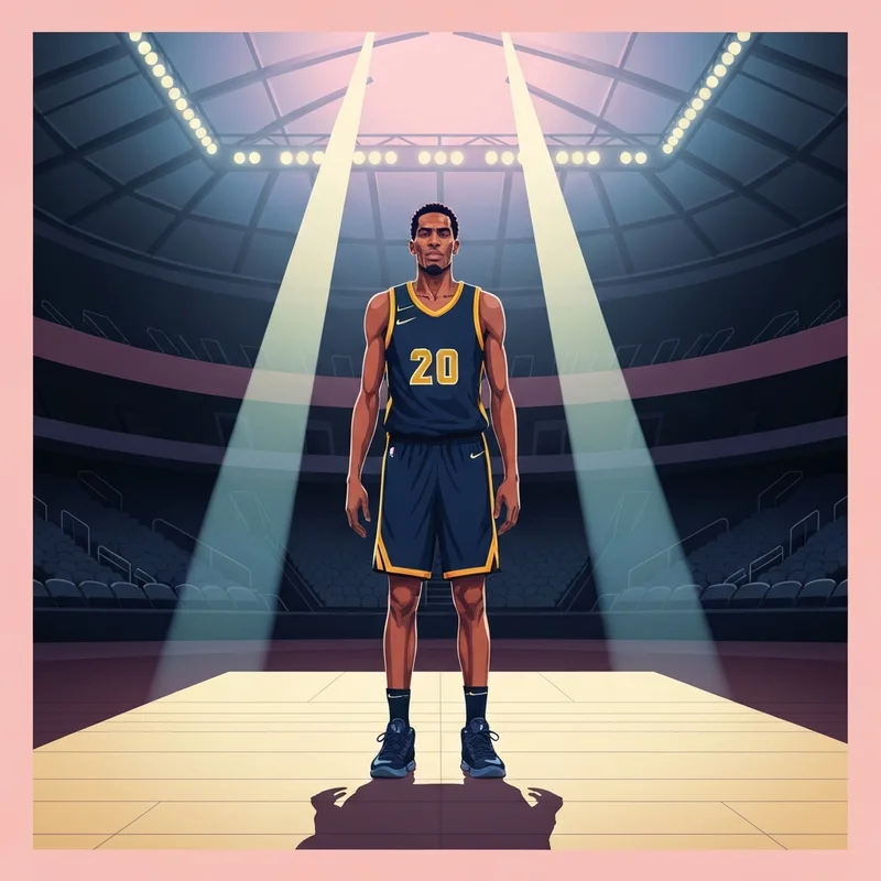 A cinematic shot of brandon ingram standing in an arena reflecting his stoic personality and trade resilience.