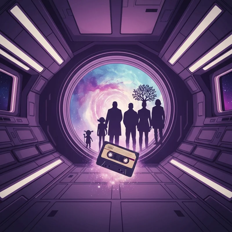 A symbolic representation of the Guardians of the Galaxy found family theme featuring a floating cassette tape and cosmic crew silhouettes.