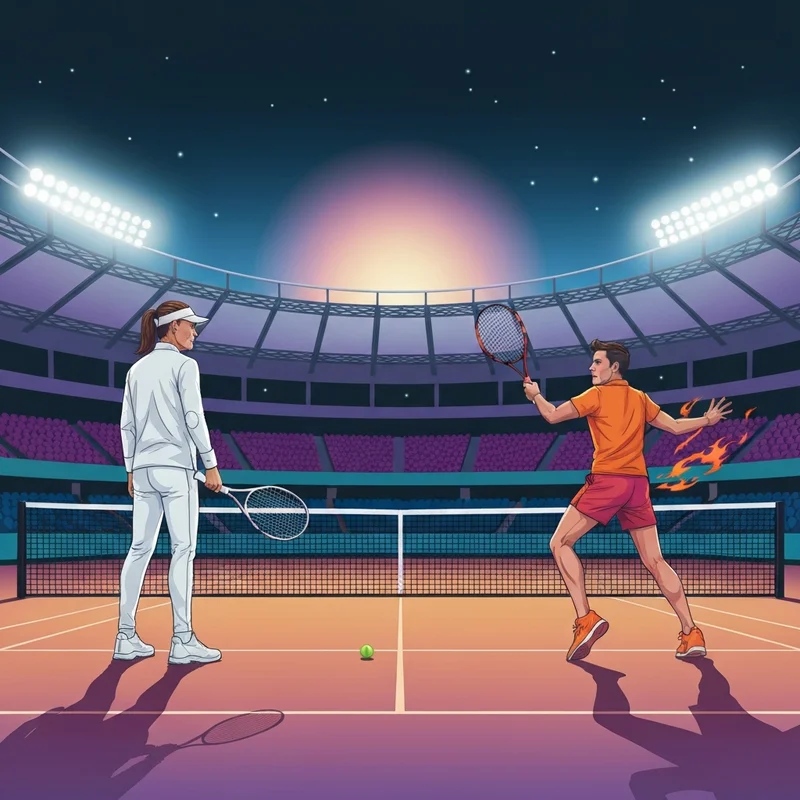 A dramatic depiction of the djokovic vs sinner psychological battle on a brightly lit tennis court.
