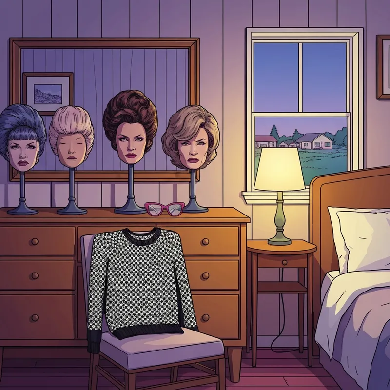 A cozy room inspired by Schitt's Creek streaming featuring avant-garde fashion and a rustic motel aesthetic.