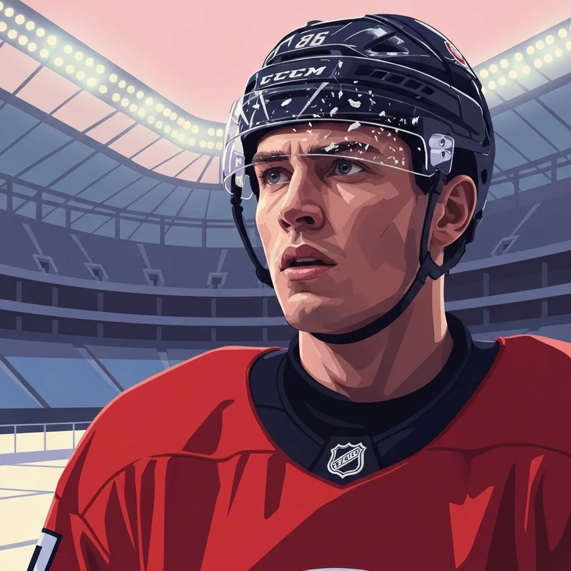 A cinematic shot of a hockey player resembling Connor Bedard during a high-stakes game in Chicago.