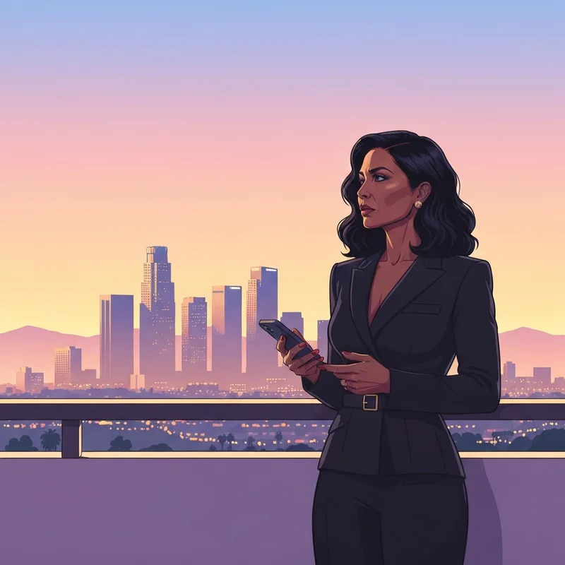 A stylish woman reflecting on her life and the Scheana Shay divorce news against a sunset LA backdrop.