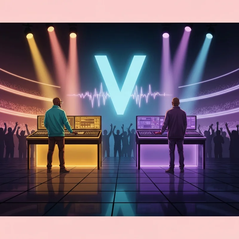 Two legendary producers face off in a cinematic verzuz battle under neon lights.