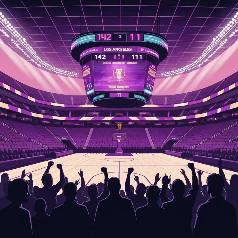 The scoreboard displaying the 142-111 Lakers vs Wizards game result in a glowing futuristic NBA arena.