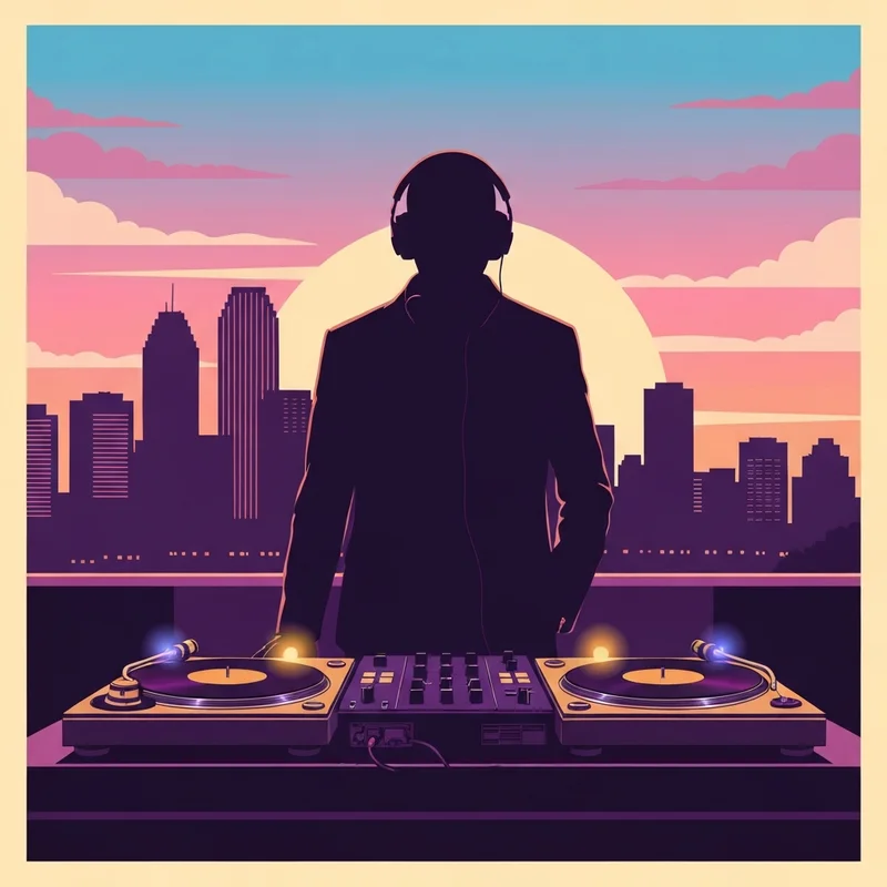A tribute to Houston hip-hop legend Michael 5000 Watts featuring a stylized glowing turntable and purple city lights.