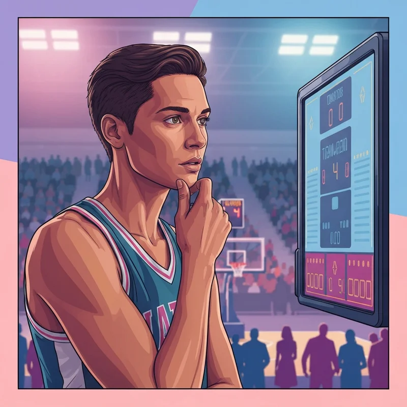 A cinematic shot of Amari Bailey thinking about his career pivot in a modern basketball arena.