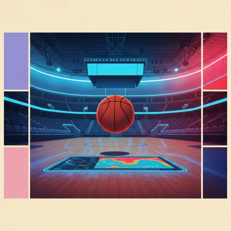 A high-tech digital basketball court display analyzing the raptors vs magic game stats and player momentum.