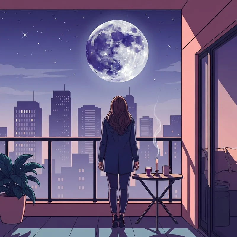 A woman performing a ritual under the light of the next full moon on a city balcony.