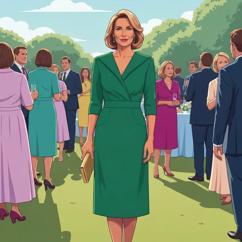 A sophisticated guest wearing one of many elegant knee length wedding guest dresses at a garden ceremony.